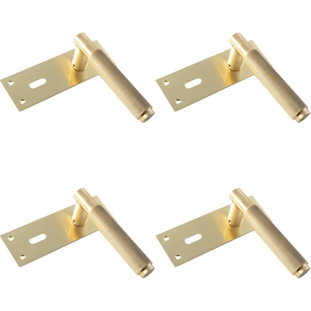 4x PAIR Knurled Round Handle on Slim Lock Backplate 150 x 50mm Satin Brass