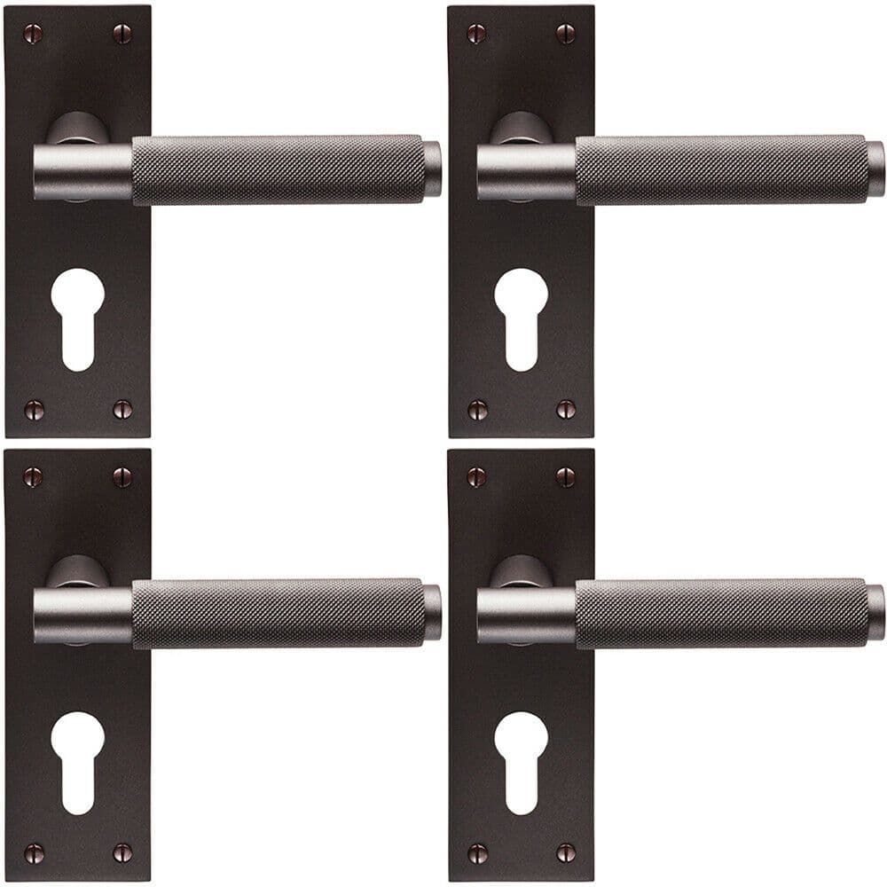 4x PAIR Knurled Round Handle on Slim Euro Lock Backplate 150 x 50mm Matt Bronze