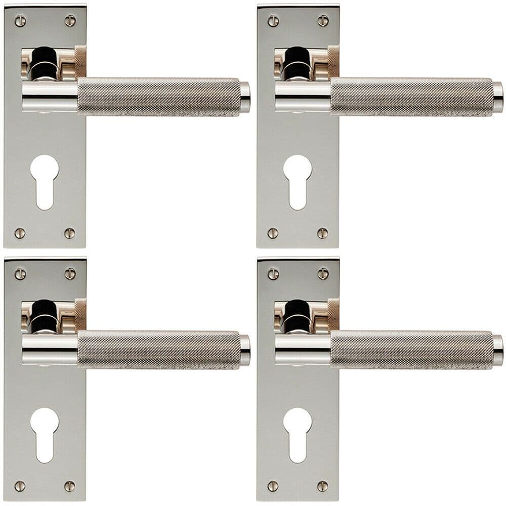 4x PAIR Knurled Round Lever on Slim Euro Lock Backplate 150 x 50mm Nickel