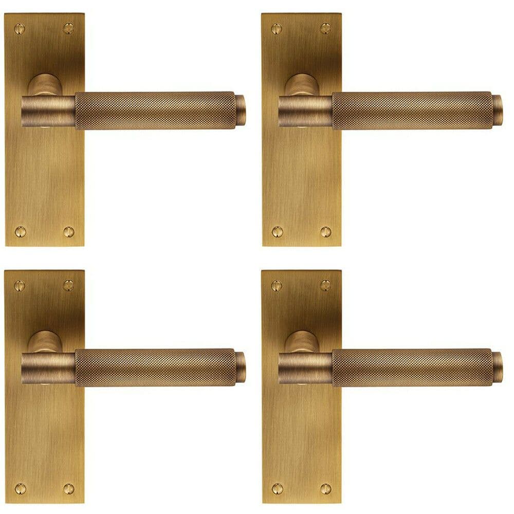 4x PAIR Knurled Round Handle on Slim Latch Backplate 150 x 50mm Antique Brass