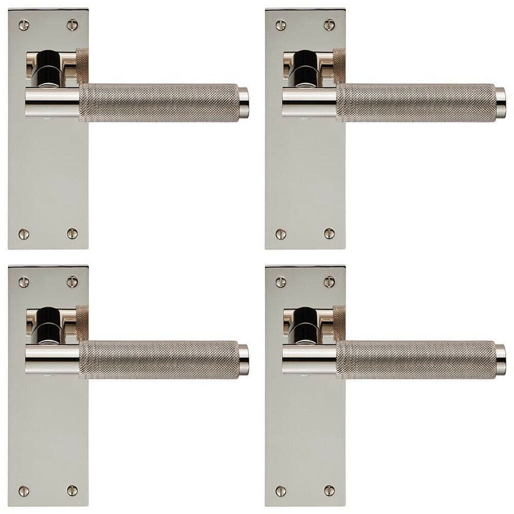 4x PAIR Knurled Round Handle on Slim Latch Backplate 150 x 50mm Polished Nickel