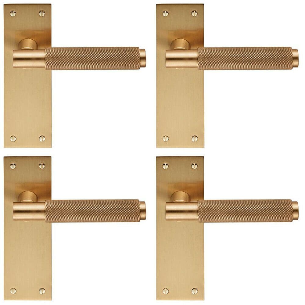 4x PAIR Knurled Round Handle on Slim Latch Backplate 150 x 50mm Satin Brass