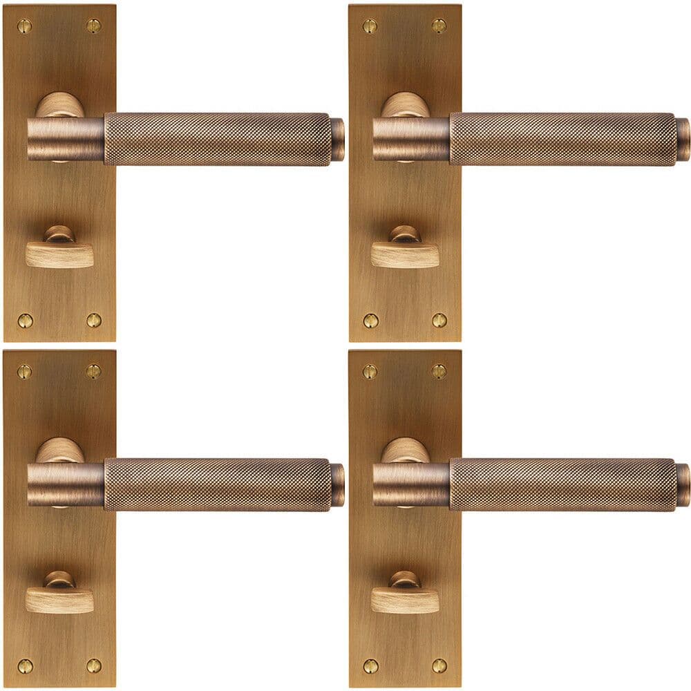 4x PAIR Knurled Round Lever on Slim Bathroom Backplate 150 x 50mm Antique Brass