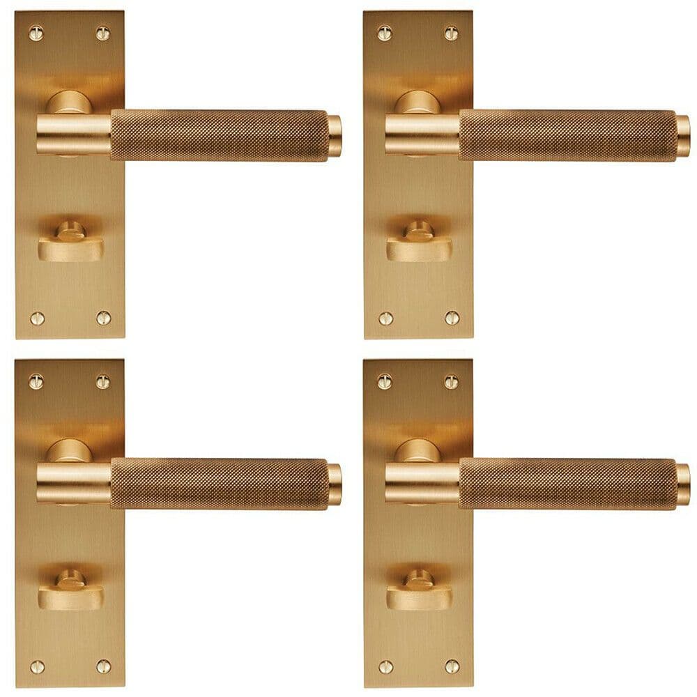 4x PAIR Knurled Round Handle on Slim Bathroom Backplate 150 x 50mm Satin Brass