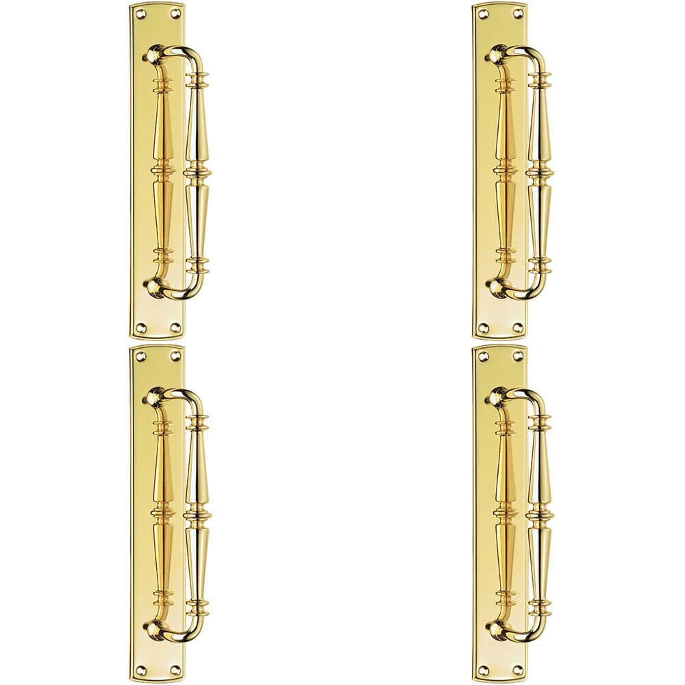 4x Cranked Ornate Door Pull Handle 380 x 65mm Backplate Polished Brass