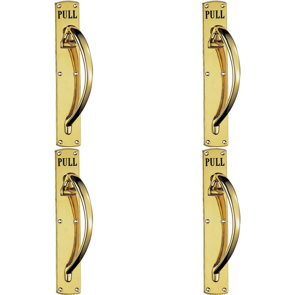 4x Curved Right Handed Door Pull Handle Engraved Pull Polished Brass
