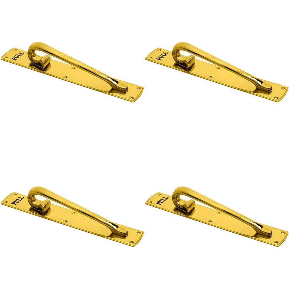 4x Curved Left Handed Door Pull Handle Engraved with 'Pull' Polished Brass