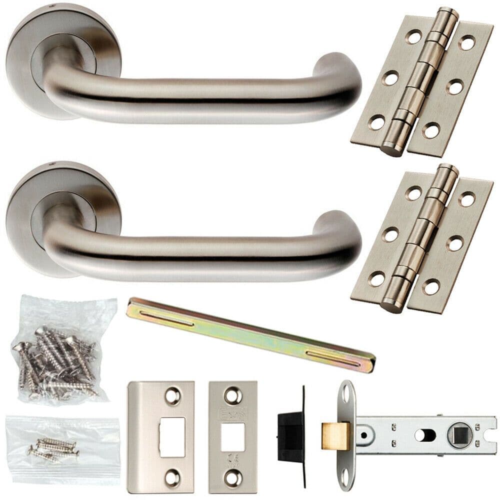 Door Handle & Latch Pack Satin Steel Arched Safety Lever Screwless Round