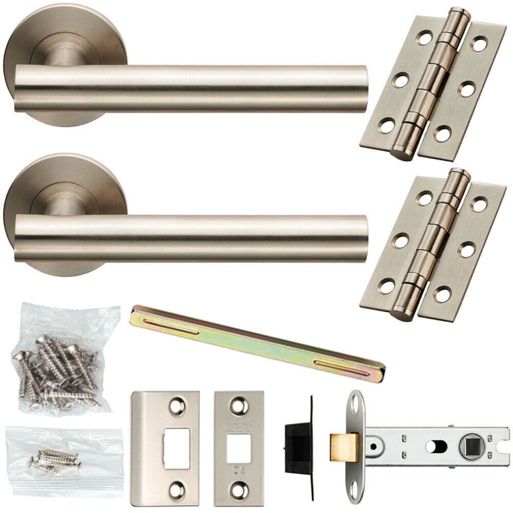 Door Handle & Latch Pack Satin Steel Straight T BAR on Screwless Round Rose
