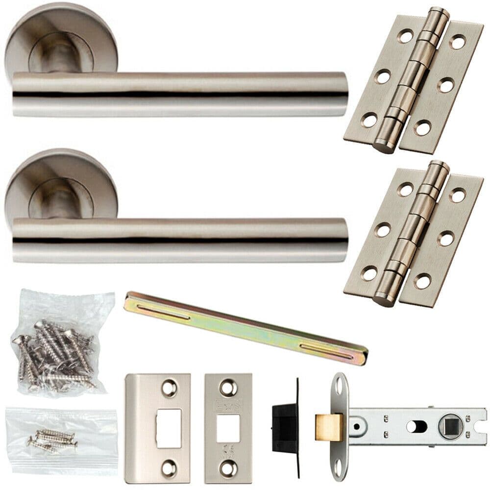 Door Handle & Latch Pack Satin Steel Rounded T BAR on Screwless Round