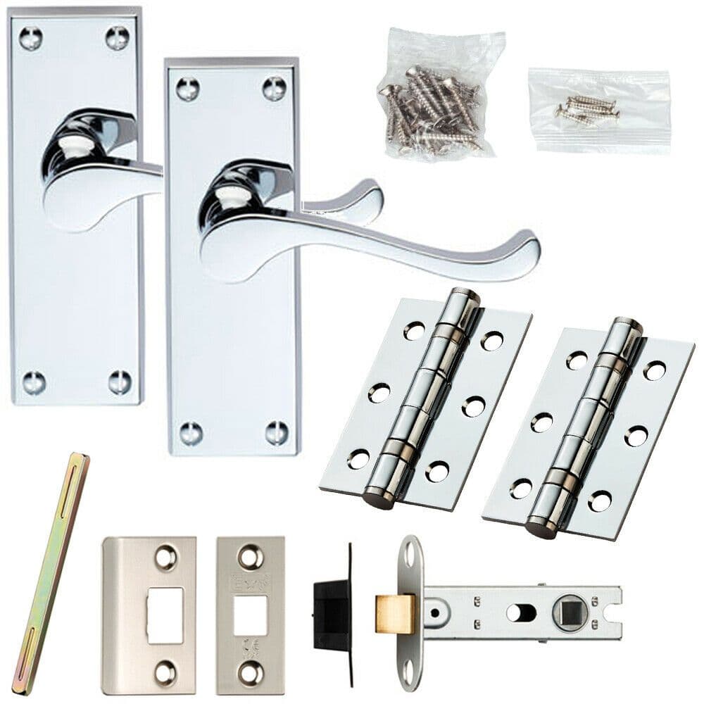 Door Handle & Latch Pack Chrome Victorian Scroll Lever Backplate 120 x 41mm