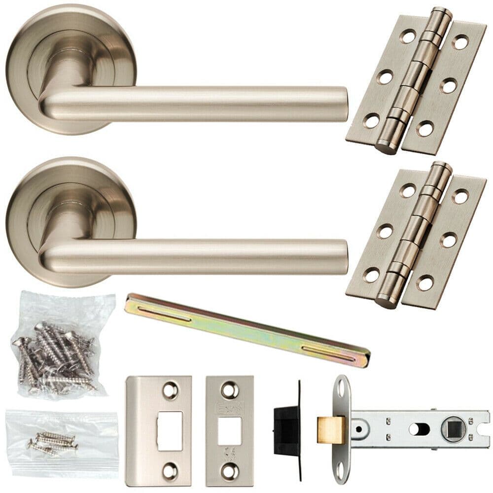 Door Handle & Latch Pack Satin Nickel Slim Straight Lever Screwless Round