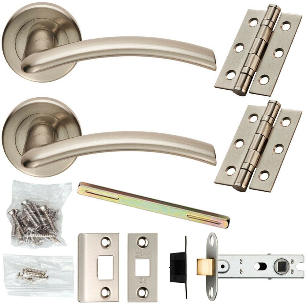 Door Handle & Latch Pack Satin Nickel Flat Arched Lever Screwless Round
