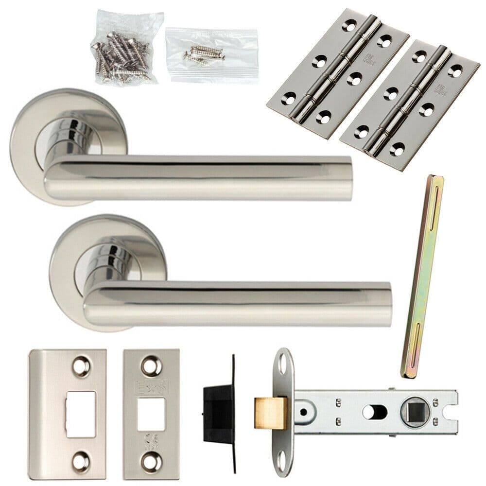 Door Handle & Latch Pack Polished Steel Mitred Lever Screwless Round Rose