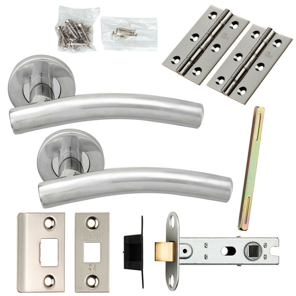 Door Handle & Latch Pack Polished Steel Arched Lever Screwless Round Rose