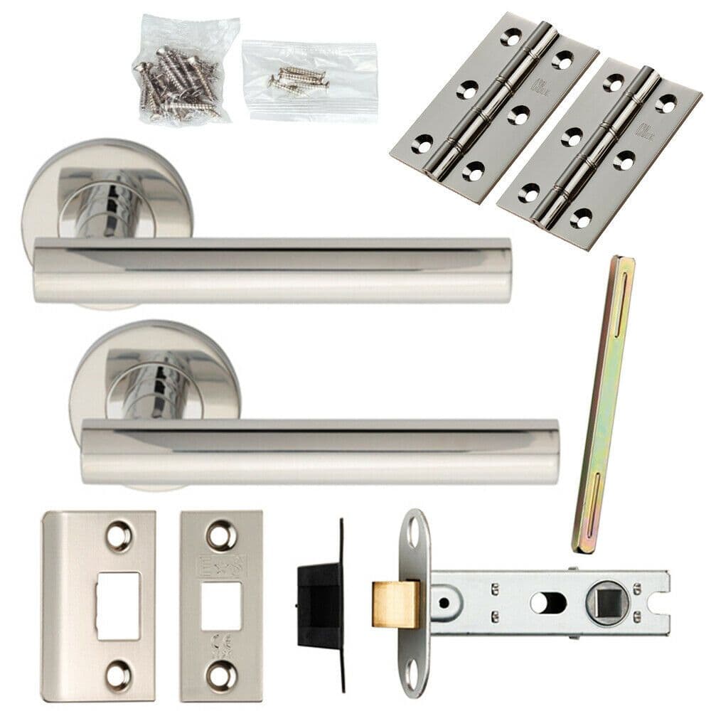 Door Handle & Latch Pack Polished Steel Round T Bar Lever Screwless Rose