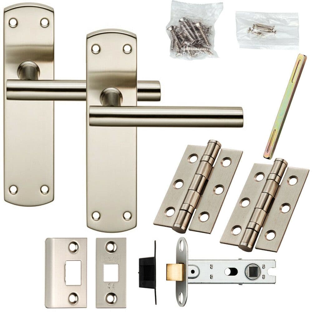 Door Handle & Latch Pack Satin Nickel Modern Mitred T Bar on Round Backplate
