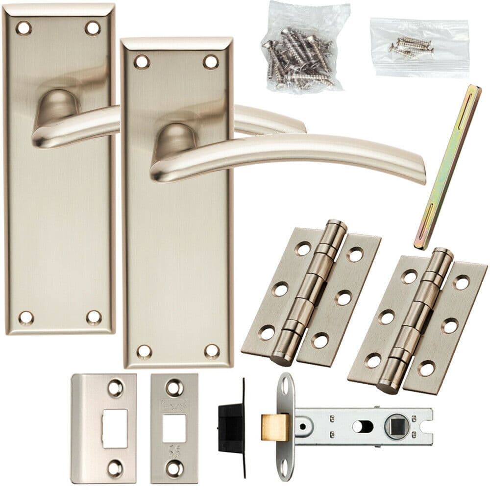 Door Handle & Latch Pack Satin Nickel Modern Arched Lever on Square Backplate