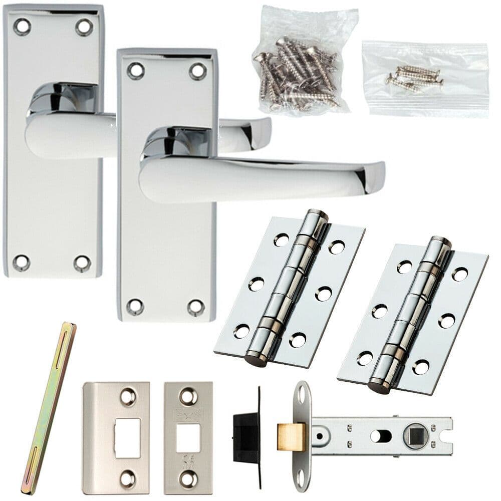 Door Handle & Latch Pack Chrome Straight Lever on Square Backplate 118 x 42mm