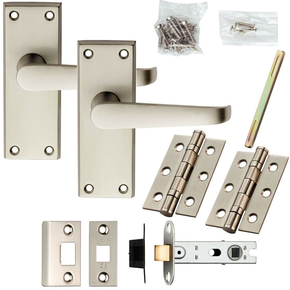 Door Handle & Latch Pack Satin Chrome Short Straight Lever Square Backplate