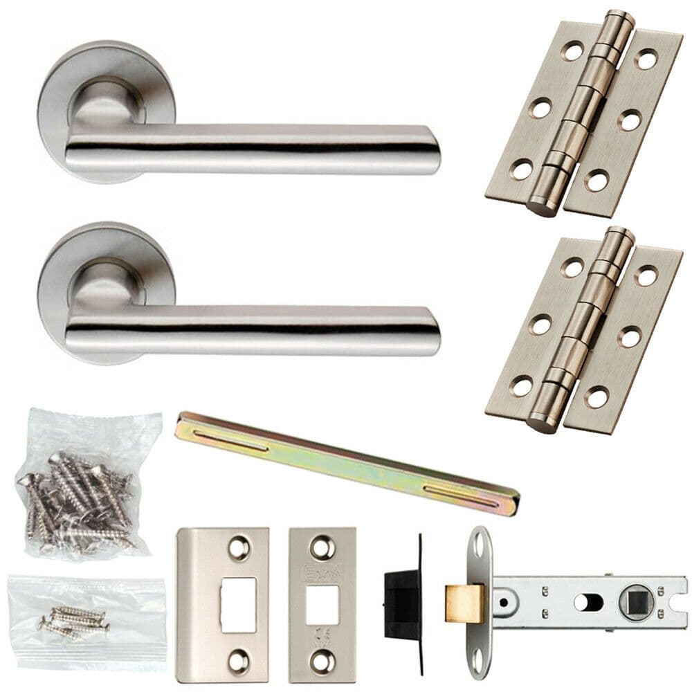 Door Handle & Latch Pack Satin Steel Smooth Straight Bar Screwless Round Rose