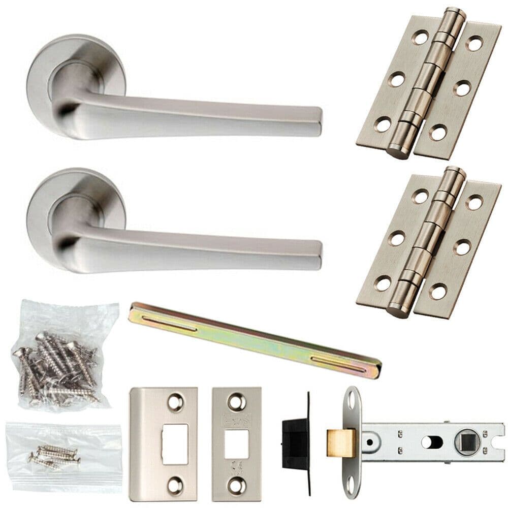 Door Handle & Latch Pack Satin Steel Slim & Flat Lever Screwless Round Rose