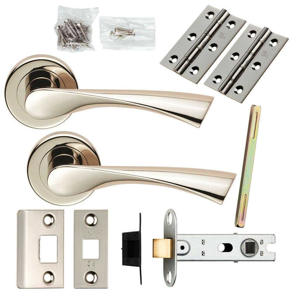 Door Handle & Latch Pack Polished Nickel Angular Lever Screwless Round