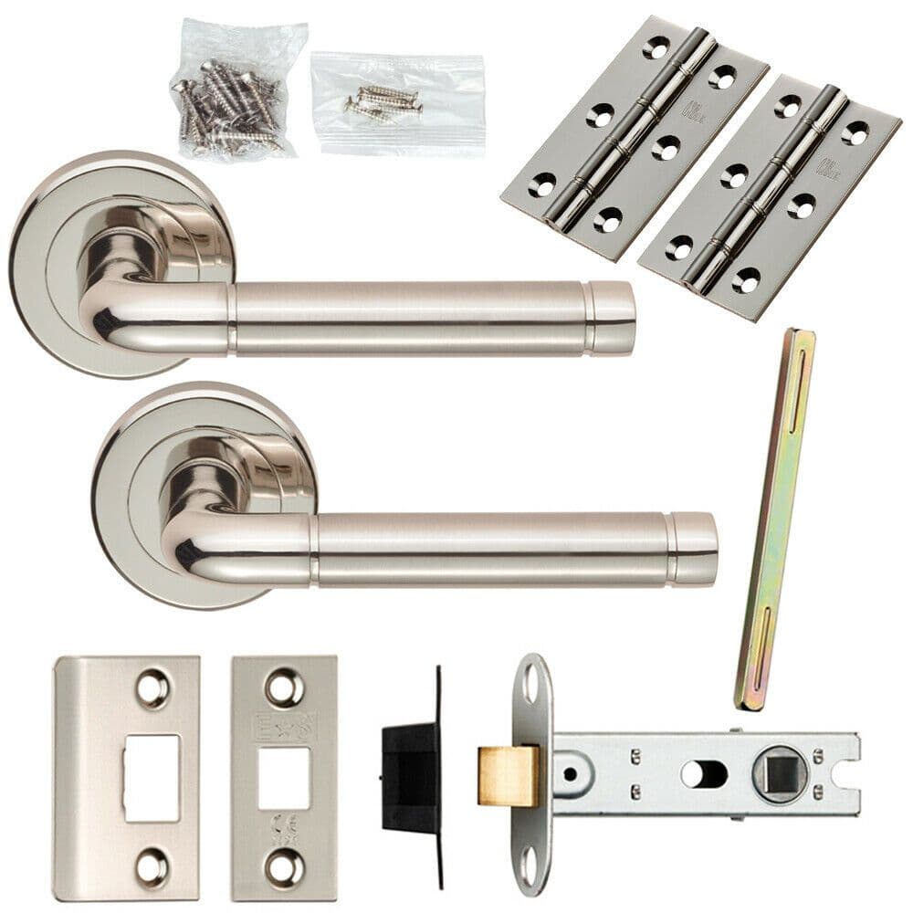 Door Handle & Latch Pack Polished & Satin Nickel Elliptical Bar Screwless