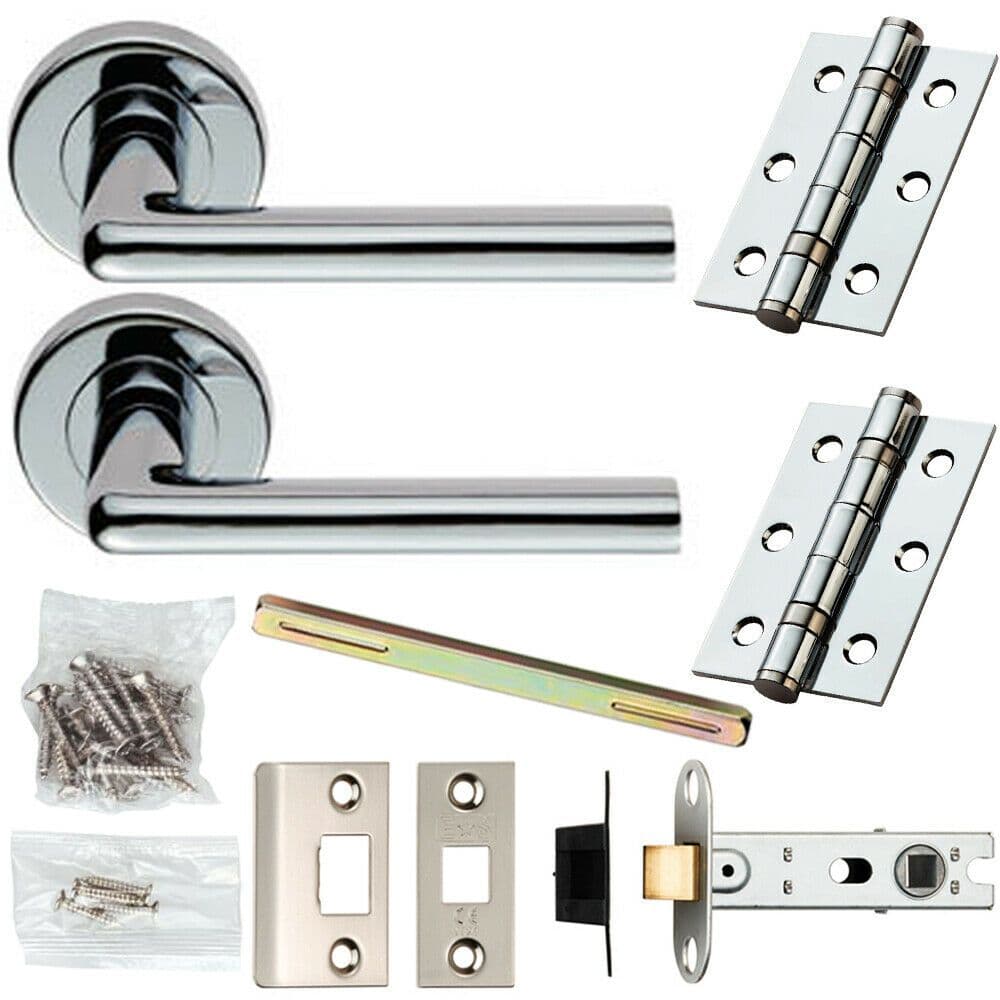 Door Handle & Latch Pack Chrome Straight Round Bar Lever Screwless Round Rose