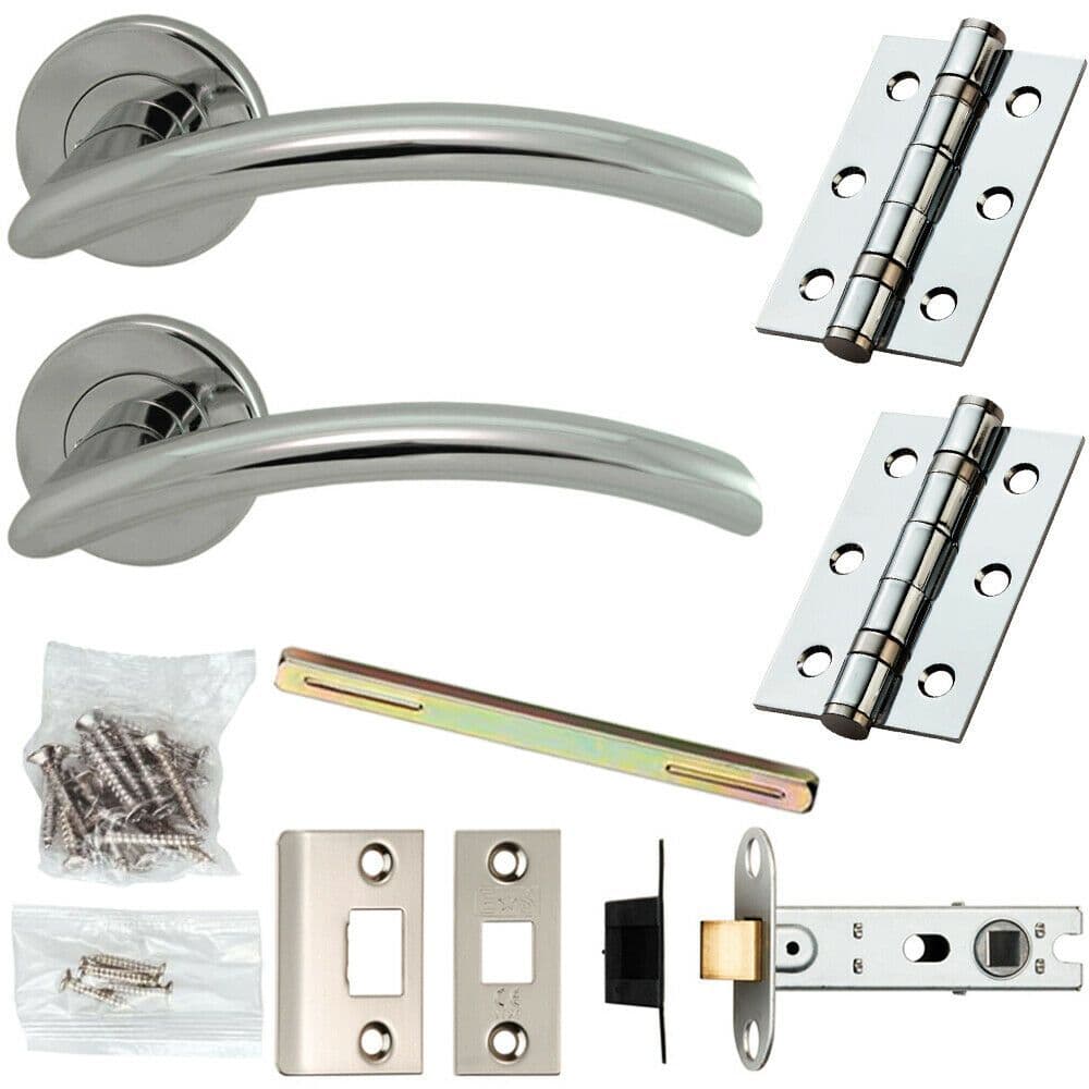 Door Handle & Latch Pack Chrome Modern Arched Slim Bar on Screwless Round Rose
