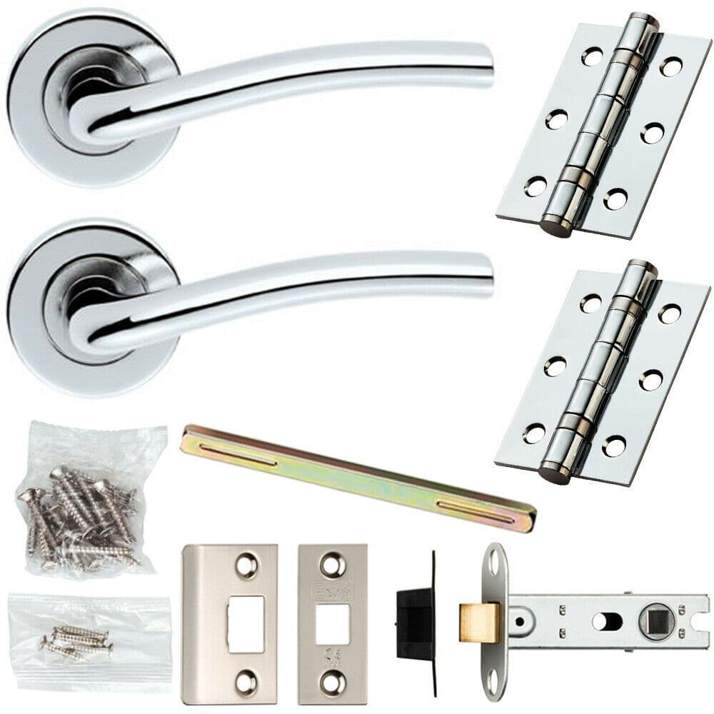 Door Handle & Latch Pack Chrome Modern Raised Slim Bar on Screwless Round