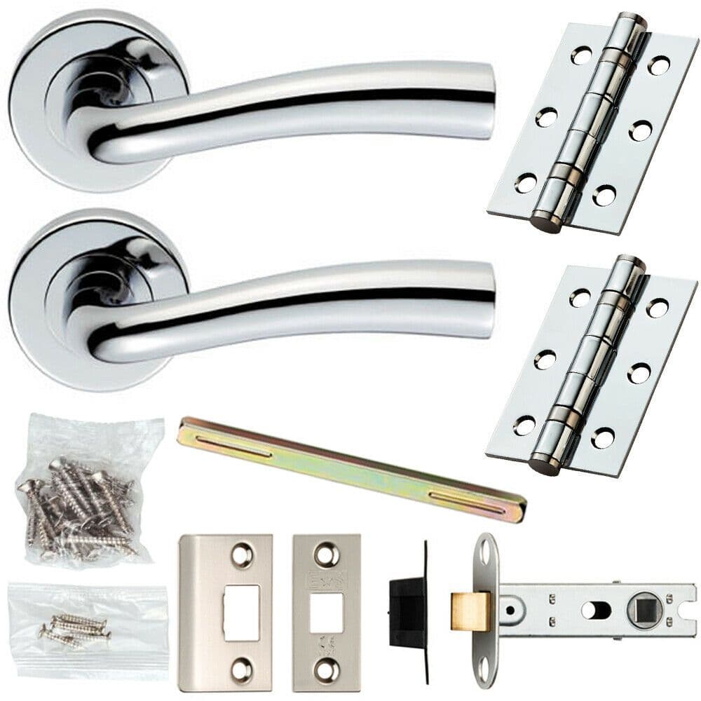 Door Handle & Latch Pack Chrome Modern Curved Flared Bar Screwless Round