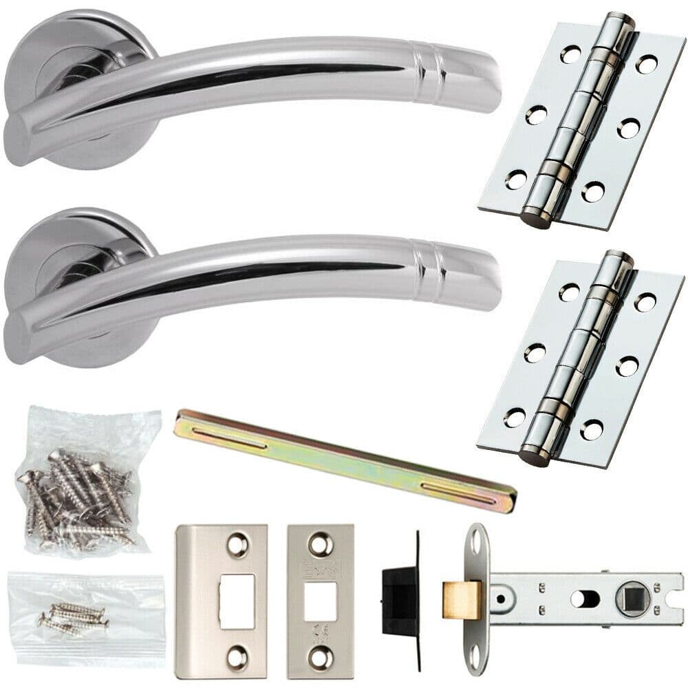 Door Handle & Latch Pack Chrome Modern Curved Ring Bar on Screwless Round