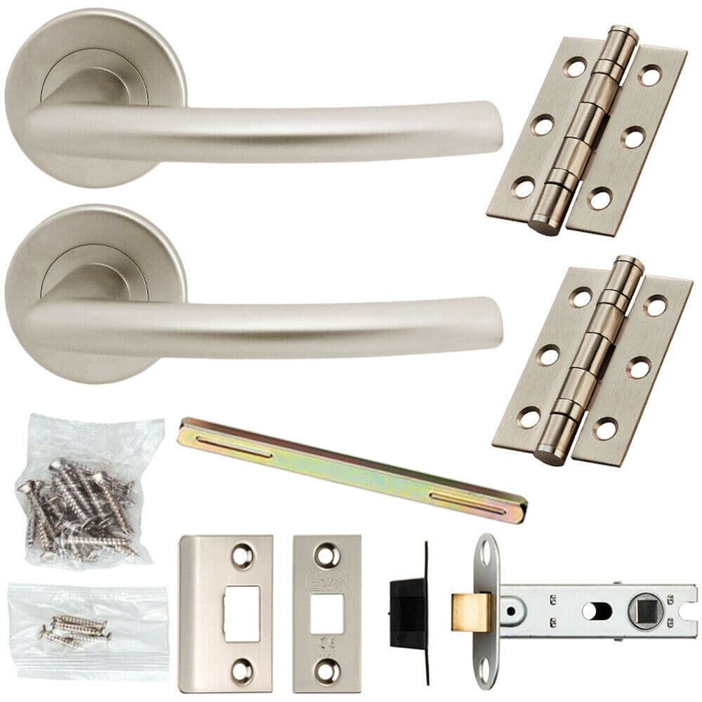 Door Handle & Latch Pack Satin Chrome Oval Curved Lever Screwless Round
