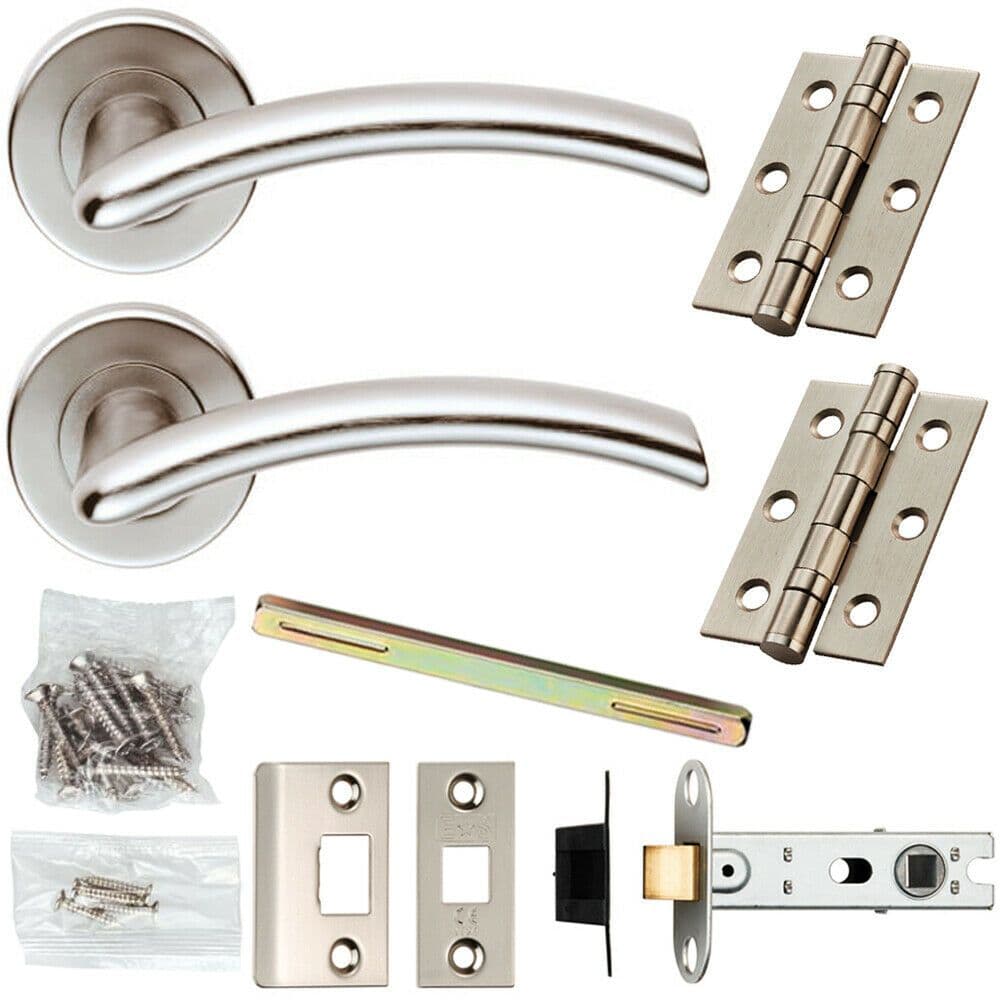 Door Handle & Latch Pack Satin Chrome Modern Arch Lever Screwless Round