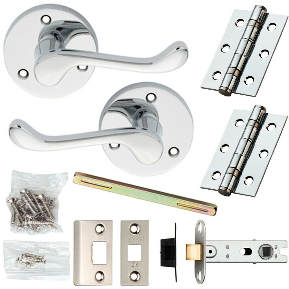Door Handle & Latch Pack Chrome Victorian Scroll Curved Lever 58mm Round