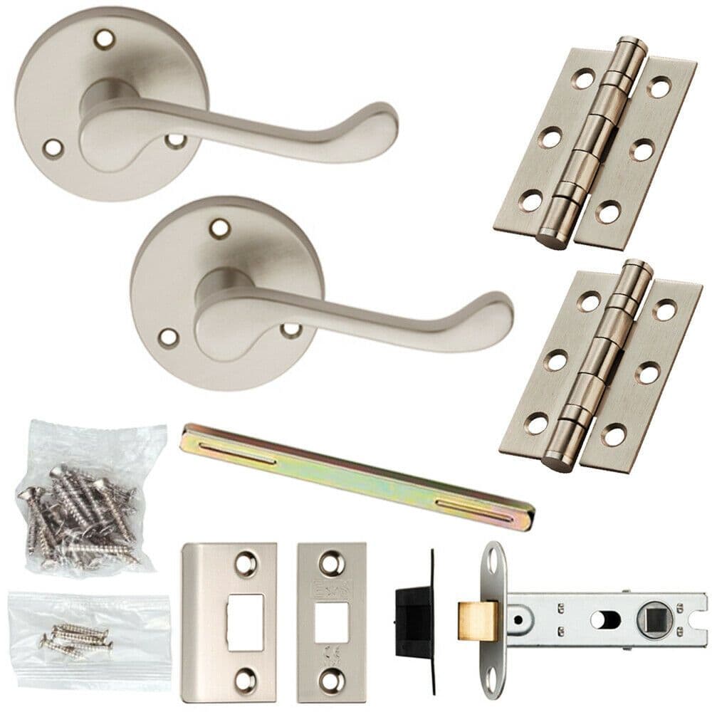 Door Handle & Latch Pack Satin Chrome Victorian Scroll Lever 58mm Round Rose