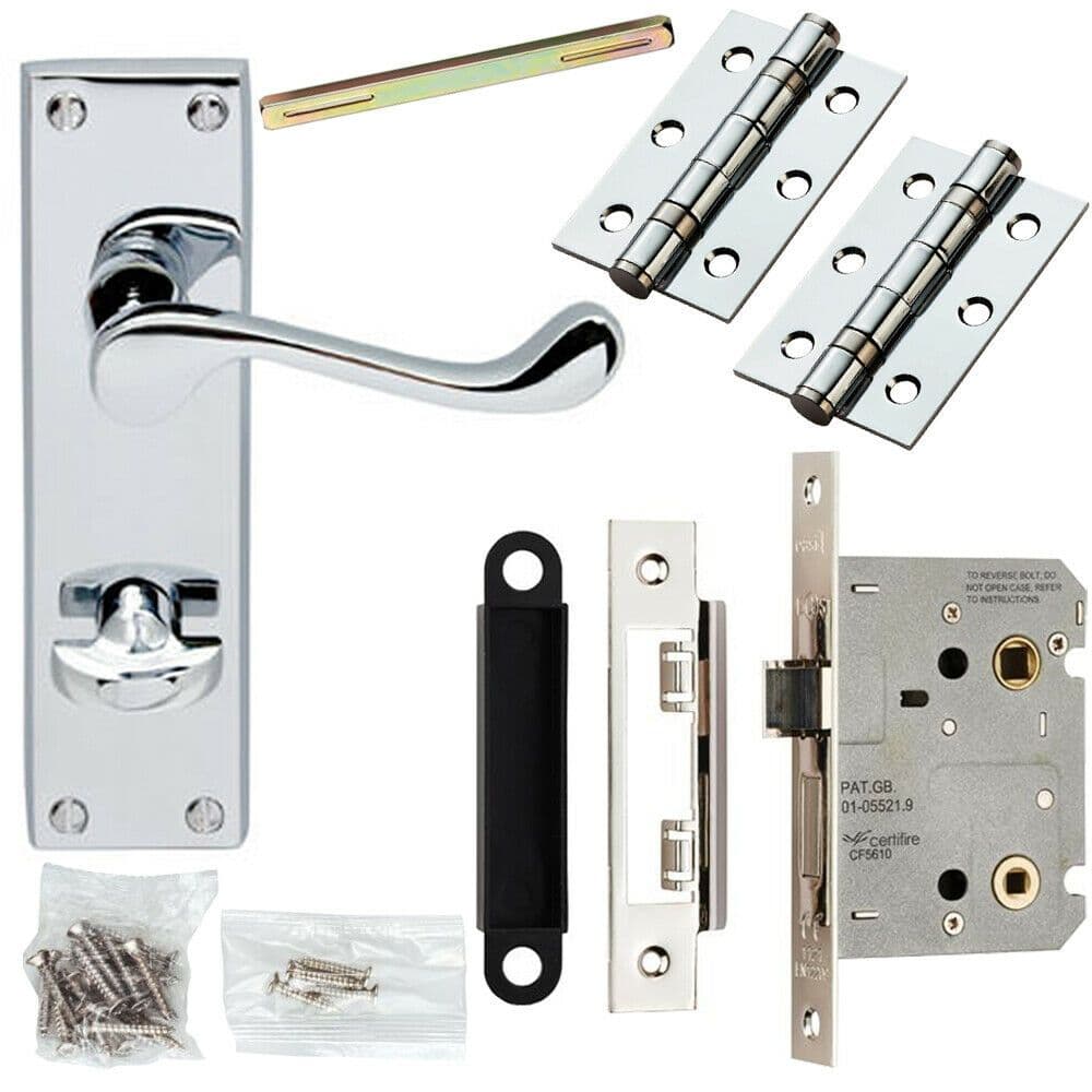 Door Handle & Bathroom Lock Pack Chrome Victorian Scroll Thumb Turn Backplate