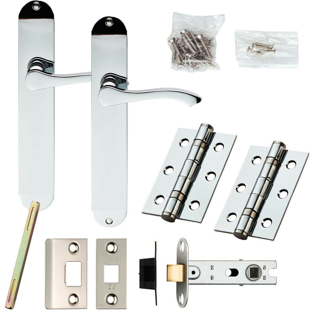 Door Handle & Latch Pack Chrome Modern Scroll Lever Round Backplate 242 x 40mm