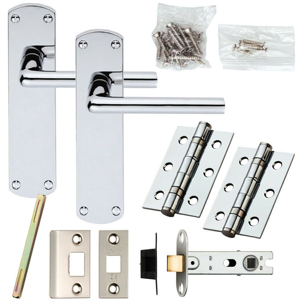 Door Handle & Latch Pack Chrome Rounded Straight Bar on Backplate 170 x 42mm