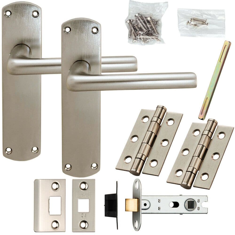 Door Handle & Latch Pack Satin Chrome Modern Straight Round Bar on Backplate