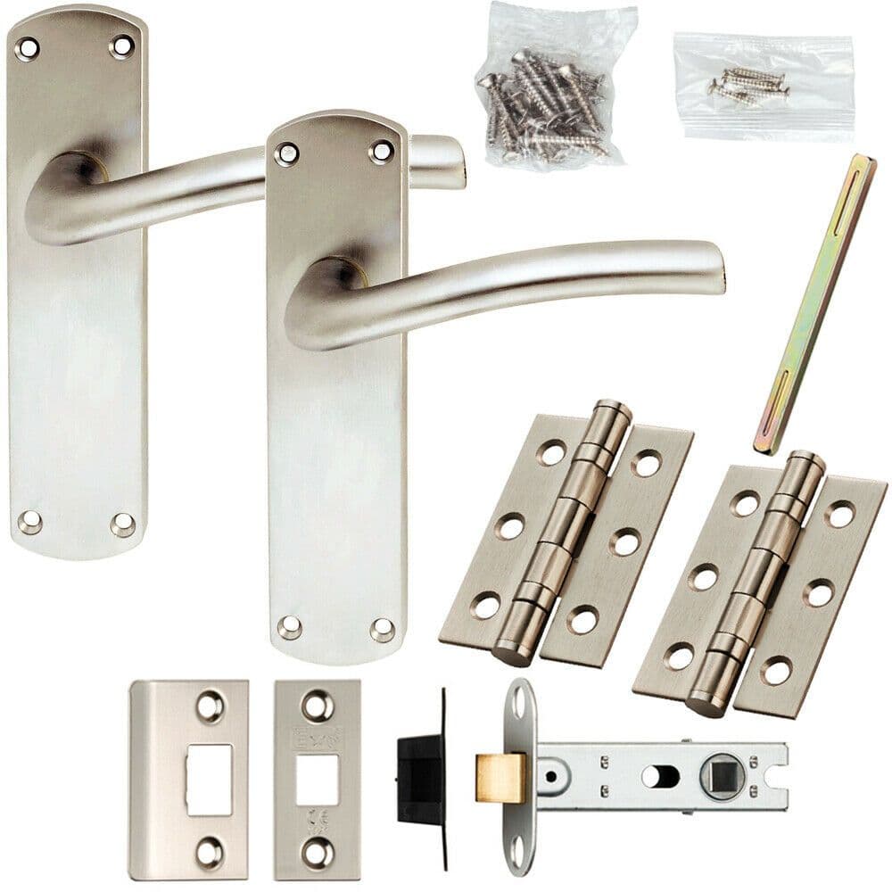 Door Handle & Latch Pack Satin Chrome Modern Arched Round Bar on Backplate