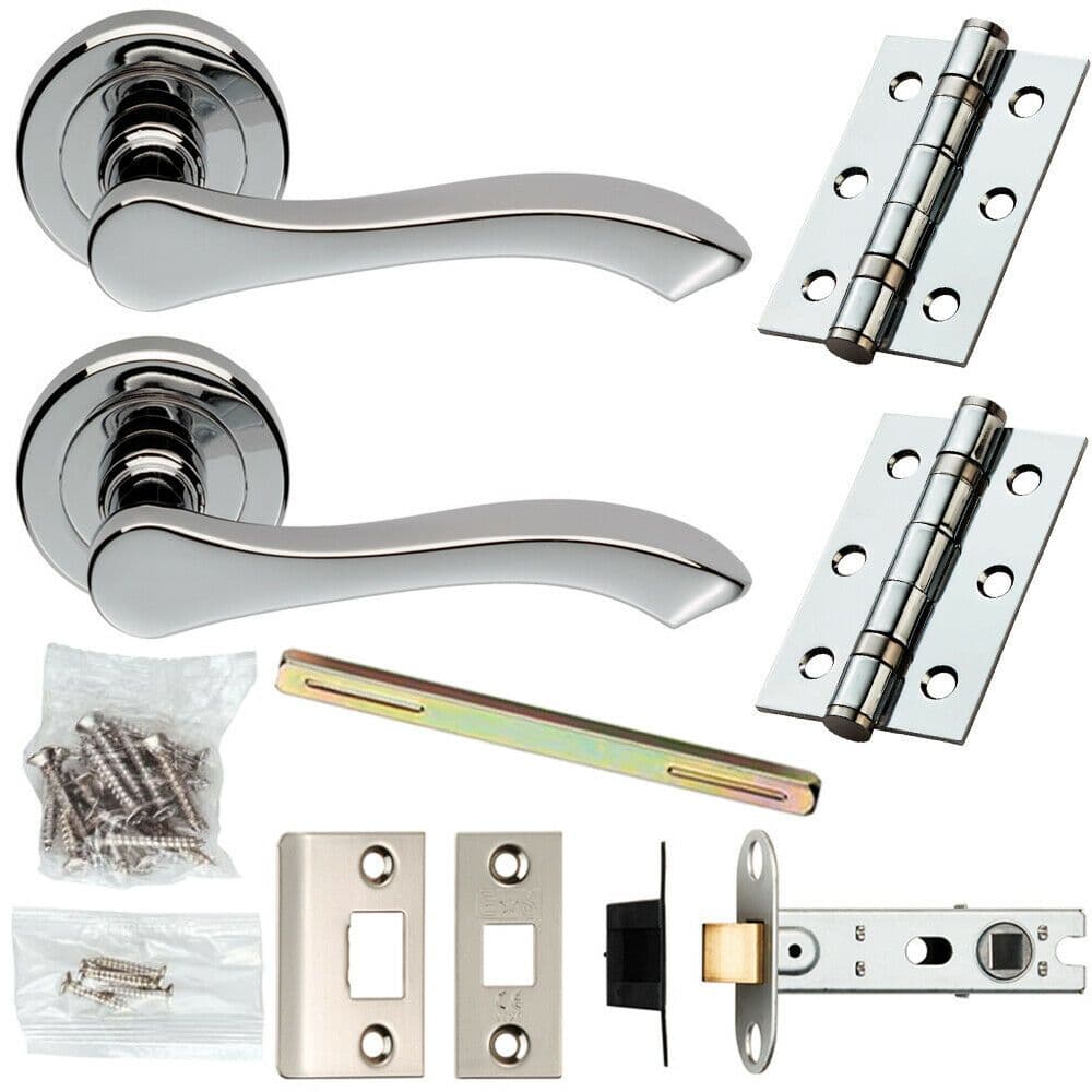 Door Handle & Latch Pack Chrome Modern Scroll Curved Arm Screwless Round