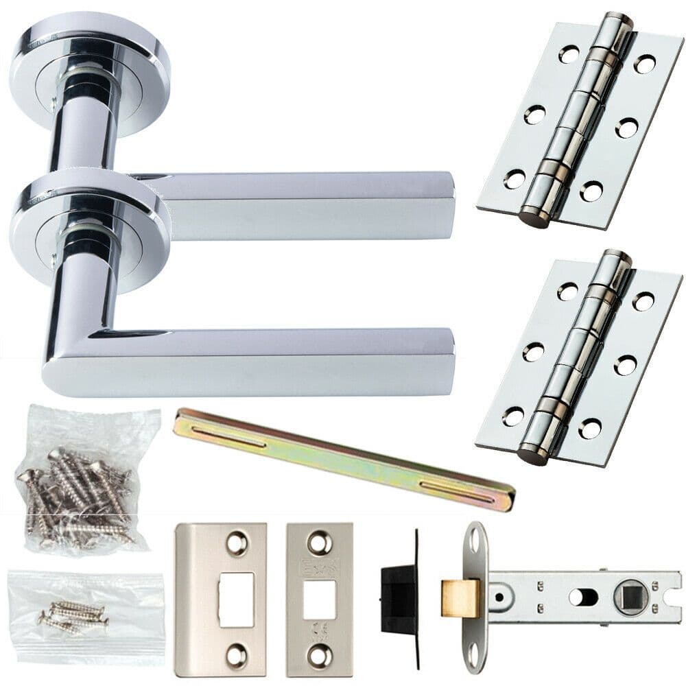 Door Handle & Latch Pack Chrome Modern Flat Square Bar on Screwless Round