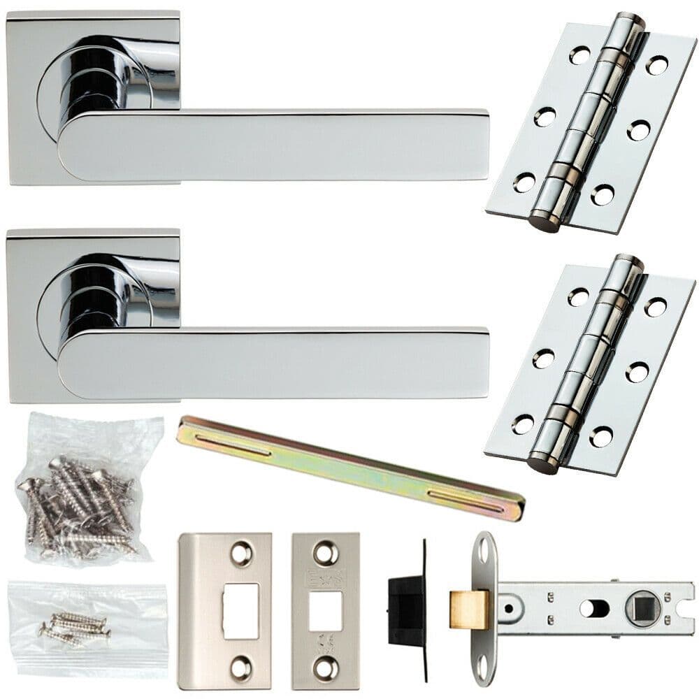 Door Handle & Latch Pack Chrome Modern Flat Sleek Bar on Screwless Square Rose