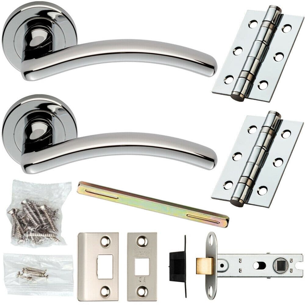 Door Handle & Latch Pack Chrome Modern Arched Curved Bar Screwless Round