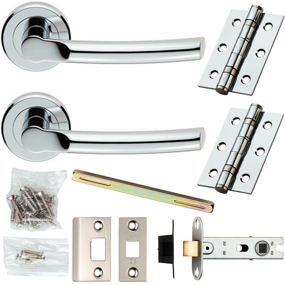 Door Handle & Latch Pack Chrome Modern Slim Arched Bar on Screwless Round