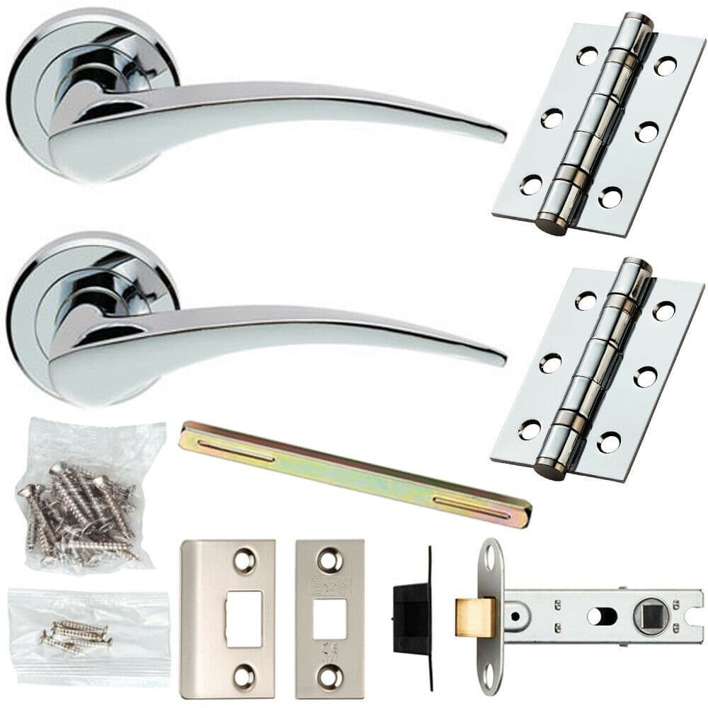 Door Handle & Latch Pack Chrome Straight Tapered Bar on Screwless Round