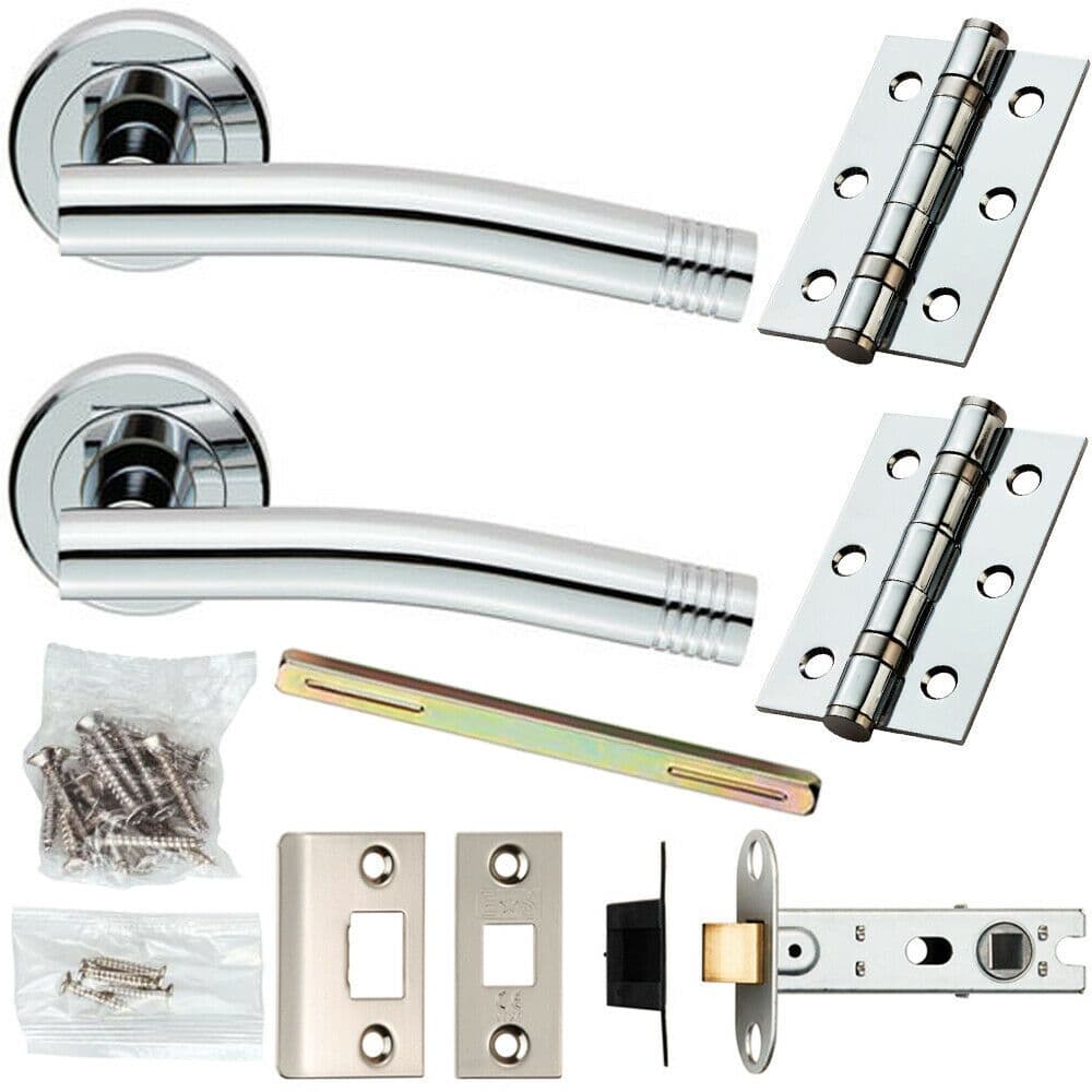 Door Handle & Latch Pack Chrome Modern Angled Arch Bar on Screwless Round