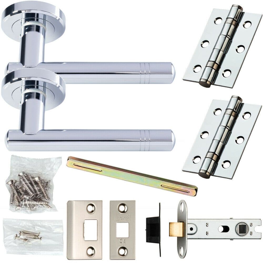 Door Handle & Latch Pack Chrome Modern Straight Ring Bar Screwless Round